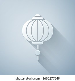 Paper cut Chinese paper lantern icon isolated on grey background. Paper art style. Vector Illustration