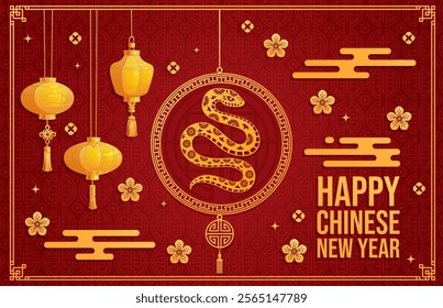 Paper cut Chinese lunar new year banner with snake symbol. Vector Cny greeting card with golden reptile snake surrounded by traditional lanterns, plum blossoms and ornamental clouds on red background