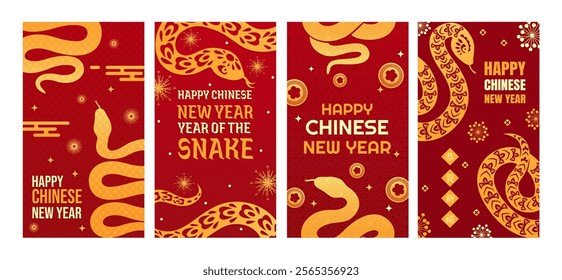 Paper cut Chinese Lunar New Year holiday posters with snakes, vector greeting cards. Happy Chinese New Year posters with paper cut snakes, greeting hieroglyphs and golden coins or sparkles ornament