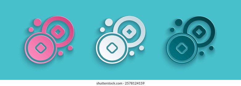 Paper cut Chinese Yuan currency symbol icon isolated on blue background. Coin money. Banking currency sign. Cash symbol. Paper art style. Vector