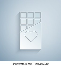 Paper cut Chocolate bar icon isolated on grey background. Valentines day symbol. Paper art style. Vector Illustration