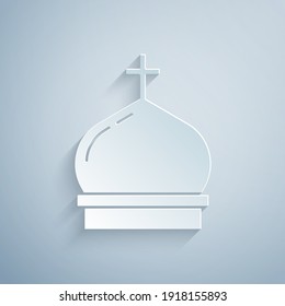 Paper cut Christian church tower icon isolated on grey background. Religion of church. Paper art style. Vector.