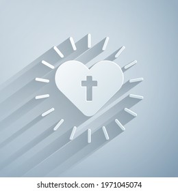 Paper cut Christian cross and heart icon isolated on grey background. Happy Easter. Paper art style. Vector Illustration