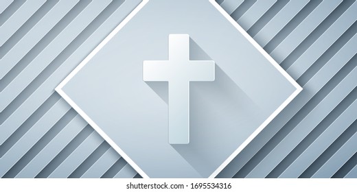 Paper cut Christian cross icon isolated on grey background. Church cross. Paper art style. Vector Illustration