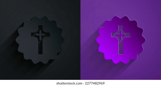 Paper cut Christian cross icon isolated on black on purple background. Church cross. Paper art style. Vector