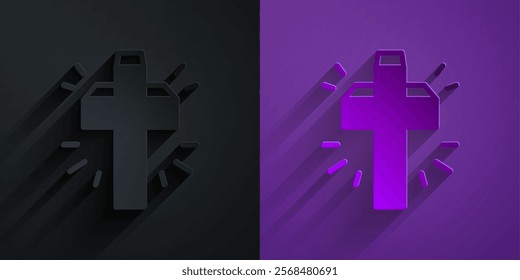 Paper cut Christian cross icon isolated on black on purple background. Church cross. Paper art style. Vector