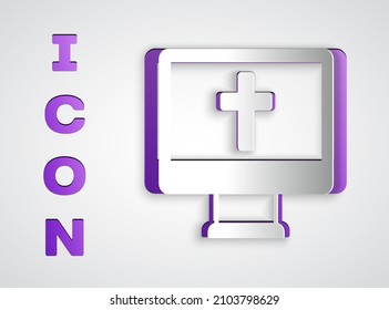Paper cut Christian cross on monitor icon isolated on grey background. Church cross. Paper art style. Vector