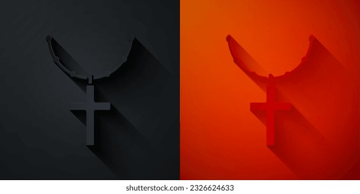 Paper cut Christian cross on chain icon isolated on black and red background. Church cross. Paper art style. Vector