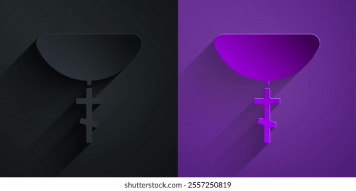 Paper cut Christian cross on chain icon isolated on black on purple background. Church cross. Paper art style. Vector