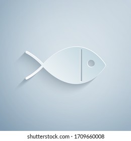 Paper cut Christian fish symbol icon isolated on grey background. Jesus fish symbol. Paper art style. Vector Illustration