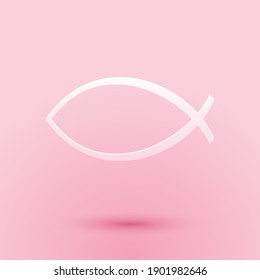 Paper cut Christian fish symbol icon isolated on pink background. Jesus fish symbol. Paper art style. Vector.