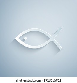 Paper cut Christian fish symbol icon isolated on grey background. Jesus fish symbol. Paper art style. Vector.