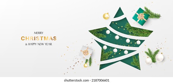 Diseño de fondo navideño de luces brillantes cortado en papel, con caja de regalos realistas, copo de nieve dorado y confeti dorado brillante. Afiche de Navidad horizontal, tarjetas de felicitación. 