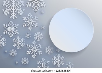 Paper cut Christmas background. Falling snow. Merry Christmas and Happy New Year Greetings card in papercut style. 