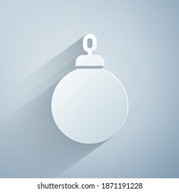 Paper cut Christmas ball icon isolated on grey background. Merry Christmas and Happy New Year. Paper art style. Vector