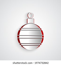 Paper cut Christmas ball icon isolated on grey background. Merry Christmas and Happy New Year. Paper art style. Vector