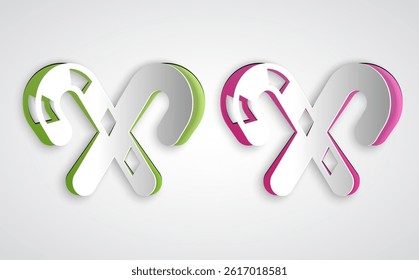 Paper cut Christmas candy cane with stripes icon isolated on grey background. Merry Christmas and Happy New Year. Paper art style. Vector