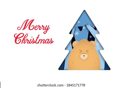 paper cut Christmas card bear Winter scene tree background blue color vector illustration.	