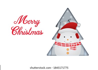 paper cut Christmas card snow man Winter scene tree background blue color vector illustration.	