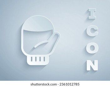 Paper cut Christmas mitten icon isolated on grey background. Paper art style. Vector
