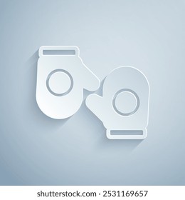 Paper cut Christmas mitten icon isolated on grey background. Merry Christmas and Happy New Year. Paper art style. Vector
