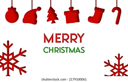 Paper cut to christmas ornaments hanging rope and snowflakes on white background. 