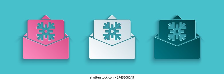 Paper cut Christmas postcard icon isolated on blue background. Merry Christmas and Happy New Year. Paper art style. Vector