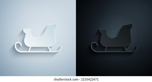 Paper cut Christmas santa claus sleigh icon isolated on grey and black background. Merry Christmas and Happy New Year. Paper art style. Vector