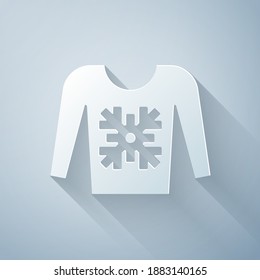 Paper cut Christmas sweater with norwegian ornaments and holidays decorations icon isolated on grey background. Knitted winter jumper. Paper art style. Vector