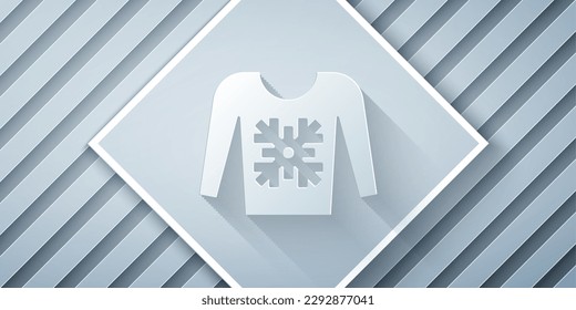 Paper cut Christmas sweater with norwegian ornaments and holidays decorations icon isolated on grey background. Knitted winter jumper. Paper art style. Vector