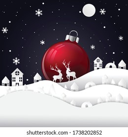 Paper cut in Christmas theme. Big red ornament on white snow. White reindeers with X'mas trees.