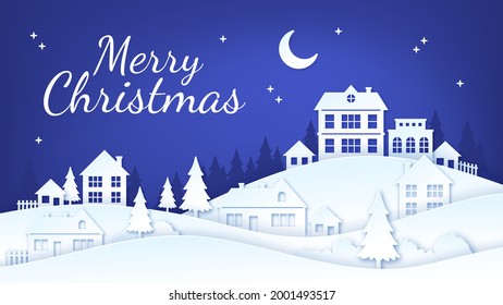 Paper cut christmas town. Winter village night landscape with houses, snow and xmas tree. Merry holidays city craft silhouette vector scene. Craft winter holiday, celebration silhouette village