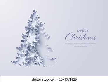 Paper cut christmas tree on background with snowflakes,Gretting card,Vector illustration