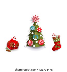 Paper cut Christmas tree, stocking and present box, decoration elements, flat vector illustration isolated on white background. Flat, paper cut Christmas tree, stocking and present box decorations