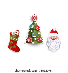 Paper cut Christmas tree, stocking and Santa Claus head, decoration elements, flat vector illustration isolated on white background. Flat, paper cut Santa Claus, Christmas tree and stocking decoration