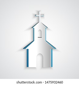 Paper cut Church building icon isolated on grey background. Christian Church. Religion of church. Paper art style. Vector Illustration