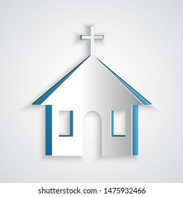 Paper cut Church building icon isolated on grey background. Christian Church. Religion of church. Paper art style. Vector Illustration