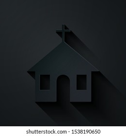 Paper cut Church building icon isolated on black background. Christian Church. Religion of church. Paper art style. Vector Illustration
