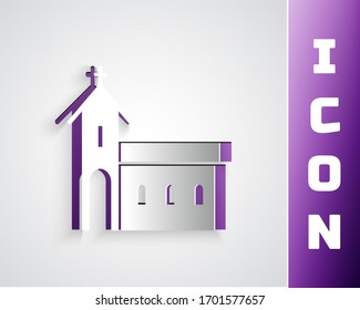 Paper cut Church building icon isolated on grey background. Christian Church. Religion of church. Paper art style. Vector Illustration