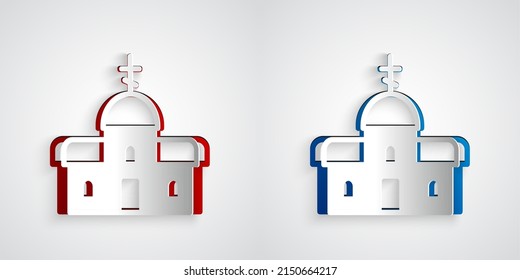 Paper cut Church building icon isolated on grey background. Christian Church. Religion of church. Paper art style. Vector