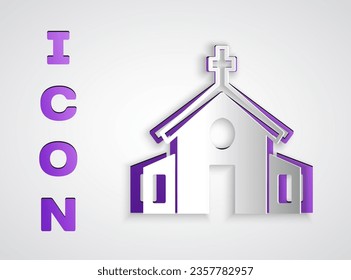 Paper cut Church building icon isolated on grey background. Christian Church. Religion of church. Paper art style. Vector