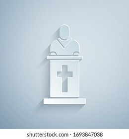 Paper cut Church pastor preaching icon isolated on grey background. Paper art style. Vector Illustration