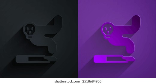 Corte de papel Ícone de cigarro isolado em preto no fundo roxo. Sinal de cigarro. Símbolo de tabagismo. Estilo da arte do papel. Vetor