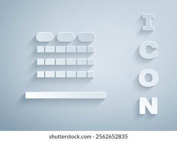 Paper cut Cinema auditorium with screen and seats icon isolated on grey background. Paper art style. Vector Illustration