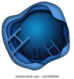 Paper cut cinema decorations with film strip frame isolated on blue background audience in circle. Template cinema with space for your text. Design for festival poster, banner, flyer,brochure, cover