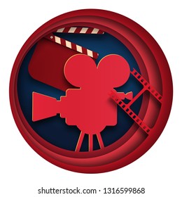 Paper cut cinema decorations with film strip frame and clapper-board isolated on red background audience in circle. Minimal design for cinema festival poster or banner, flyer, card, brochure, cover