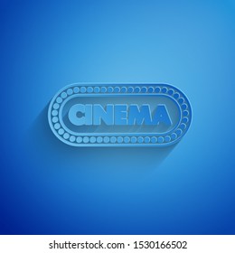 Paper cut Cinema poster design template icon isolated on blue background. Movie time concept banner design. Paper art style. Vector Illustration