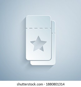 Paper cut Cinema ticket icon isolated on grey background. Paper art style. Vector.