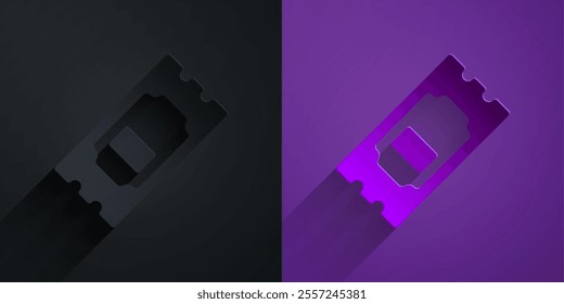 Paper cut Cinema ticket icon isolated on black on purple background. Paper art style. Vector