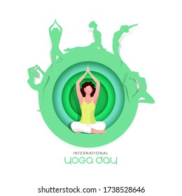 Paper Cut Circle Shape Background with Female Practicing Yoga in Different Poses for International Yoga Day.